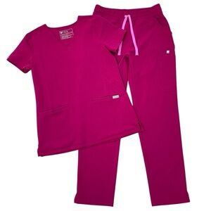 FIGS Yola Skinny Scrub Pants, Casma Three-Pocket Scrub Top Magenta Size XXS / XS